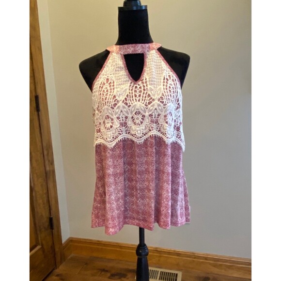 Rewind Blouse Size Large  Halter Collar Neck w/keyhole Lace Front Boho Western - Picture 1 of 9